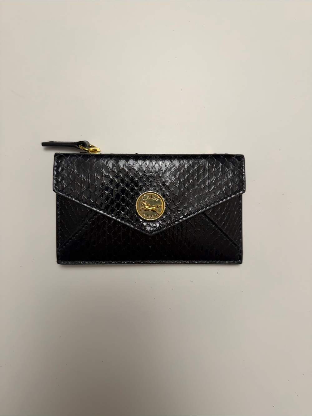 Chloe Black Envelope Card Case with Gold Medallion